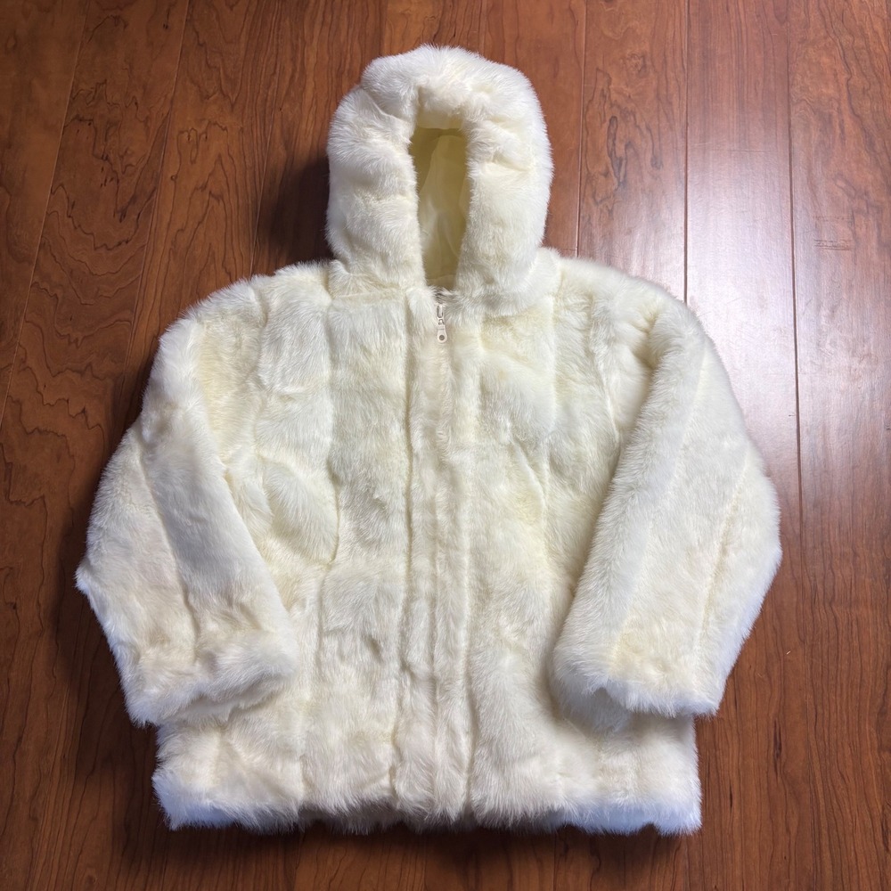 KC Collection Faux Fur Hooded Jacket Cream Off White Zip Up Made in USA Large